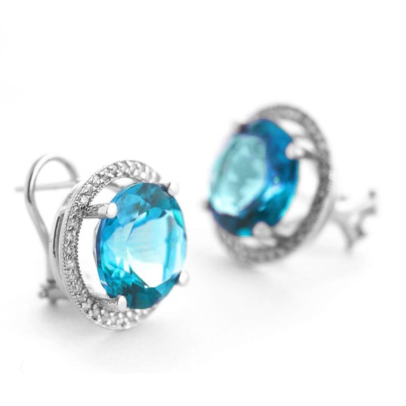 14k Gold Earrings with Diamonds and Blue Topazes - Picture 4 of 8